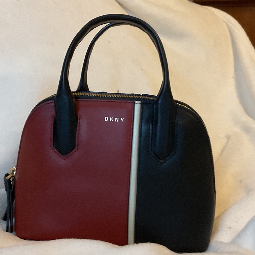 DKNY Burgundy, Black and Cream Colorblock Dome Satchel